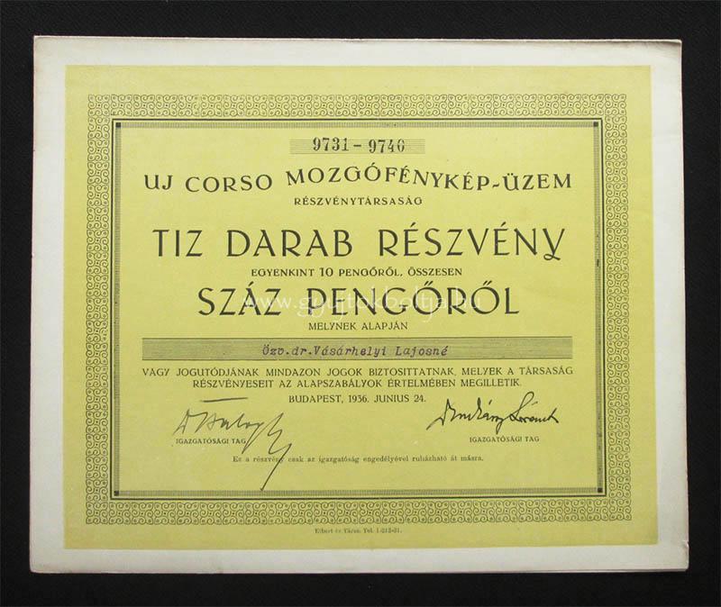 Uj Corso Mozgófénykép-Üzem 10x10 pengõ 1936 /ma Pesti Színház/